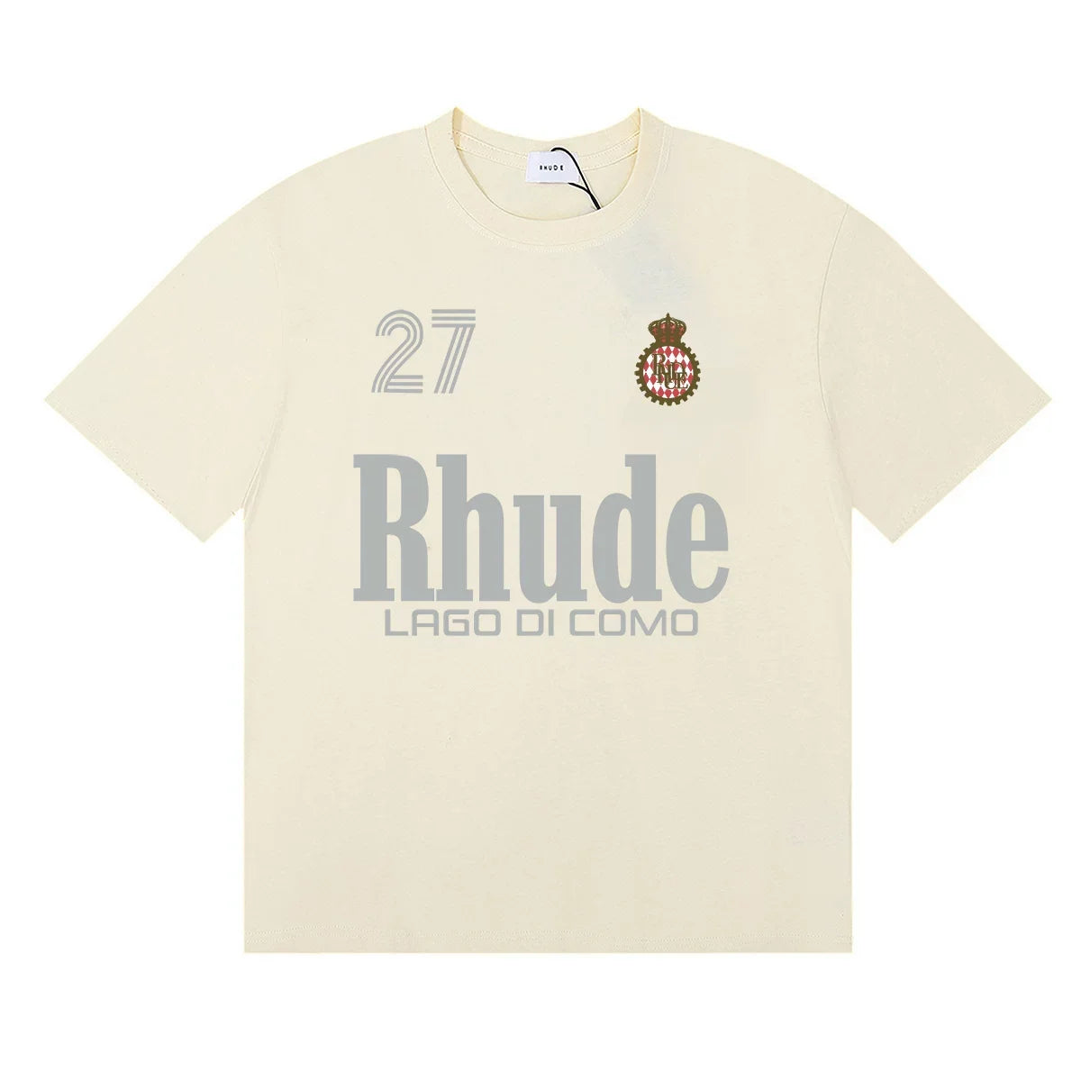 Rhude Lago Di Como 27 Crest Graphic Cream Short‑Sleeve Tee