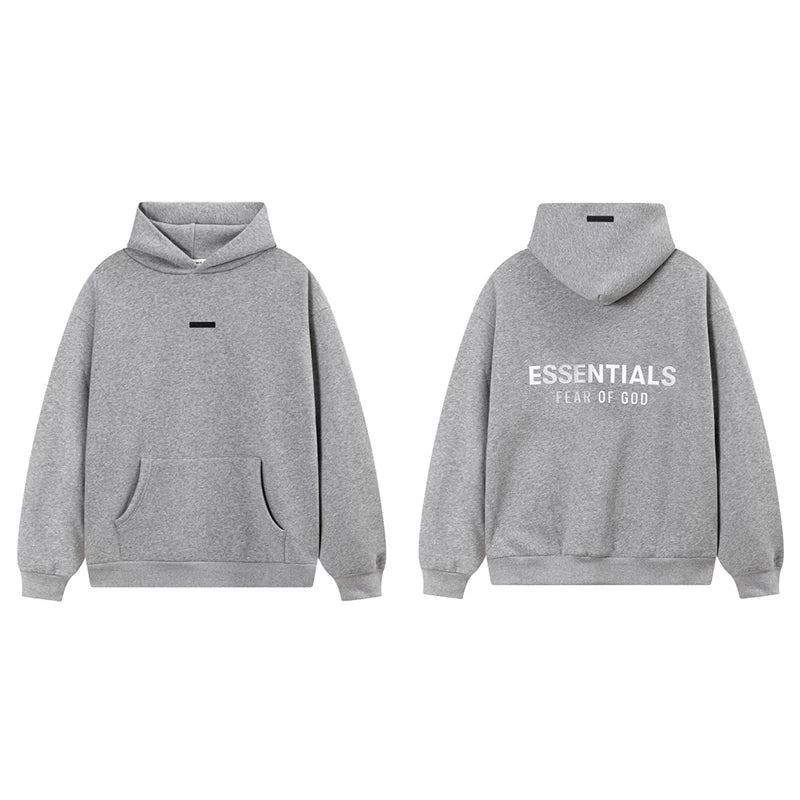 Fog Essentials Heather Grey Fleece‑Lined Oversized Pullover Hoodie White Chest Logo