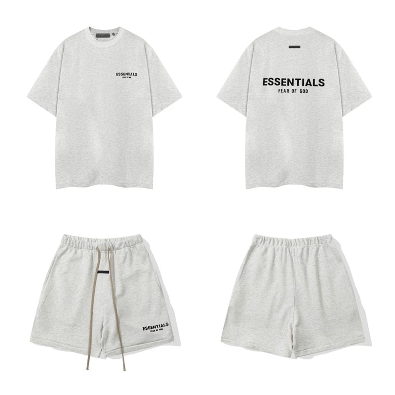 Fog Essentials Off‑White Letter Print Matching Set Oversized T‑Shirt & Elastic Shorts Casual Streetwear 2‑Piece Suit