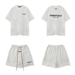 Fog Essentials Off‑White Letter Print Matching Set Oversized T‑Shirt & Elastic Shorts Casual Streetwear 2‑Piece Suit