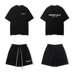Fog Essentials Gold Letter Print 2‑Piece Outfit Oversized Tee & Drawstring Shorts Hip‑Hop Tracksuit