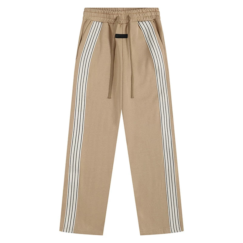 Fog Essentials Khaki Side‑Stripe Straight‑Leg Sweatpants Hip‑Hop Casual Pants