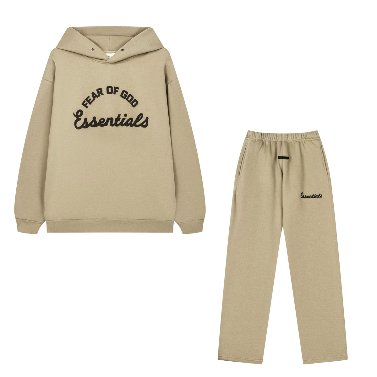 Fog Essentials Neutral‑Tone Tan Loose‑Fit Hoodie Straight‑Cut Sweatpants Streetwear 2‑Piece Outfit
