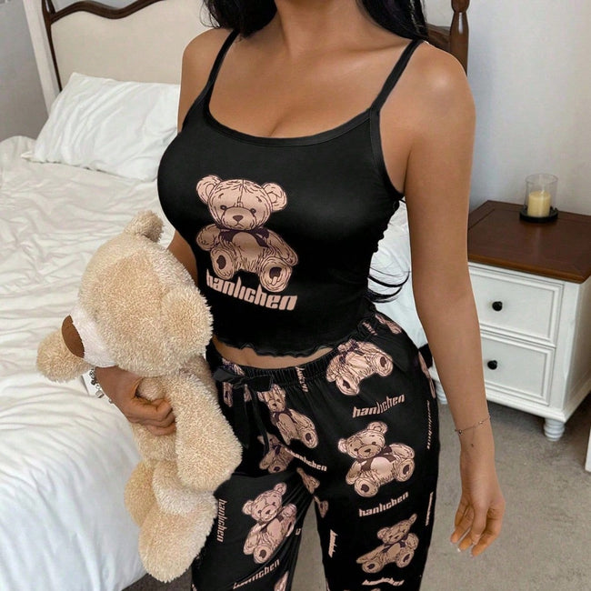 Cross border home clothing printed camisole twisted edge pants two-piece set comfortable home casual sexy women's pajamas (3) Hover Image