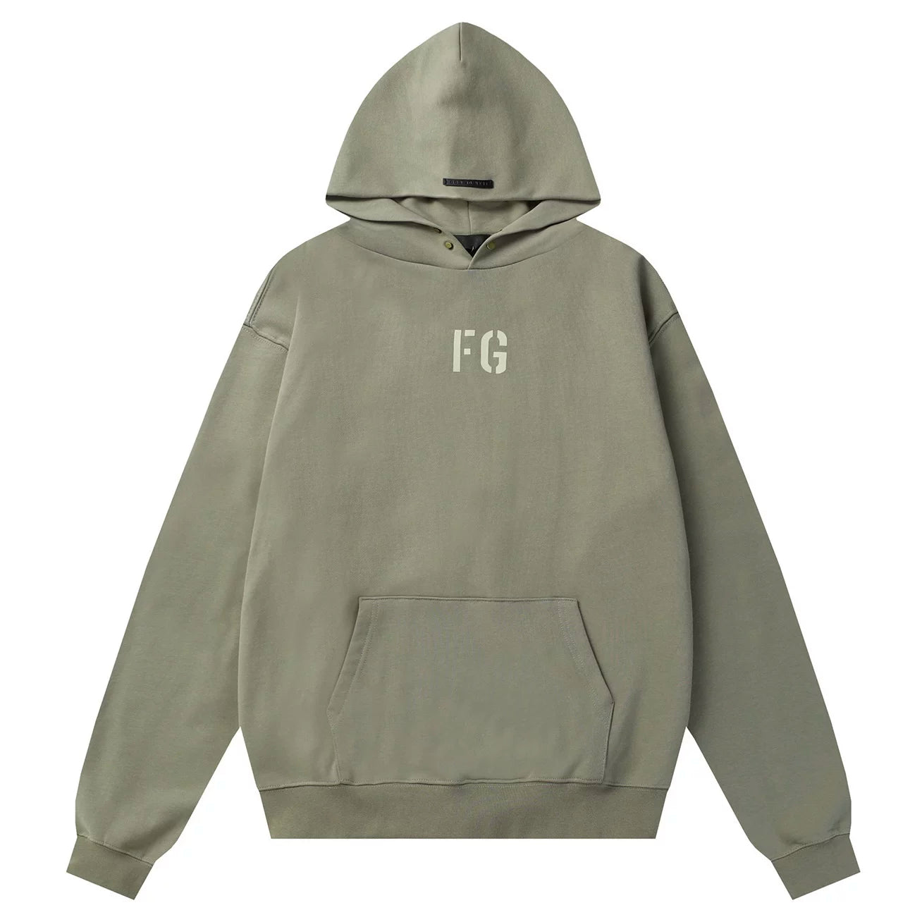 Fog Essentials Olive‑Green Oversized Hoodie Minimal “FG” Chest Logo