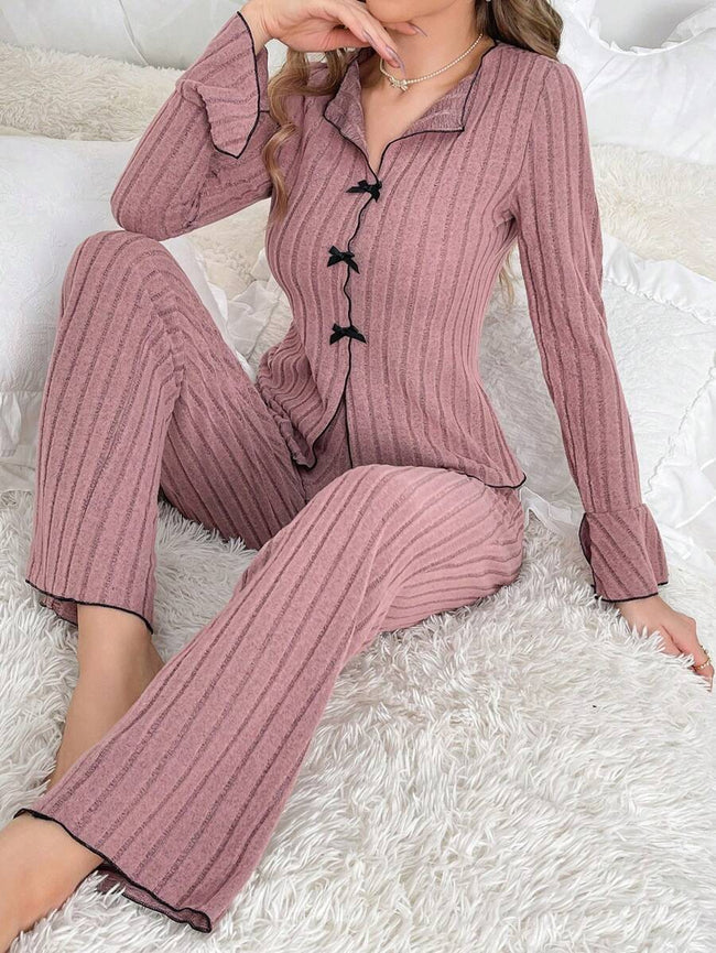 Pink Ribbed Bow-Tie Long Sleeve Pajama Set Hover Image