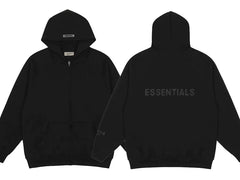 Fog Essentials Black Oversized Full‑Zip Hoodie Tonal Back “ESSENTIALS” Logo