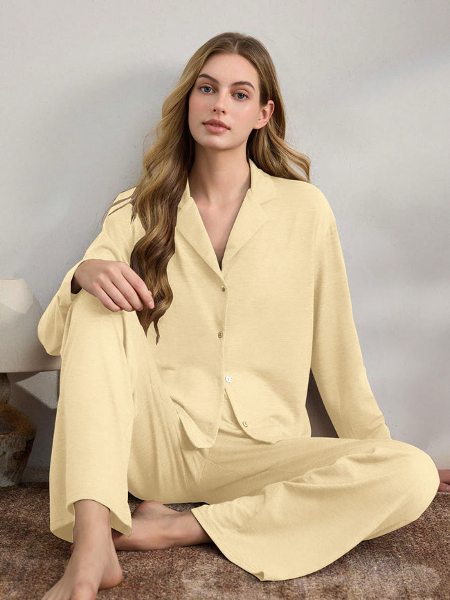 Yellow Knit Long Sleeve Button-Down Pajama Set Hover Image