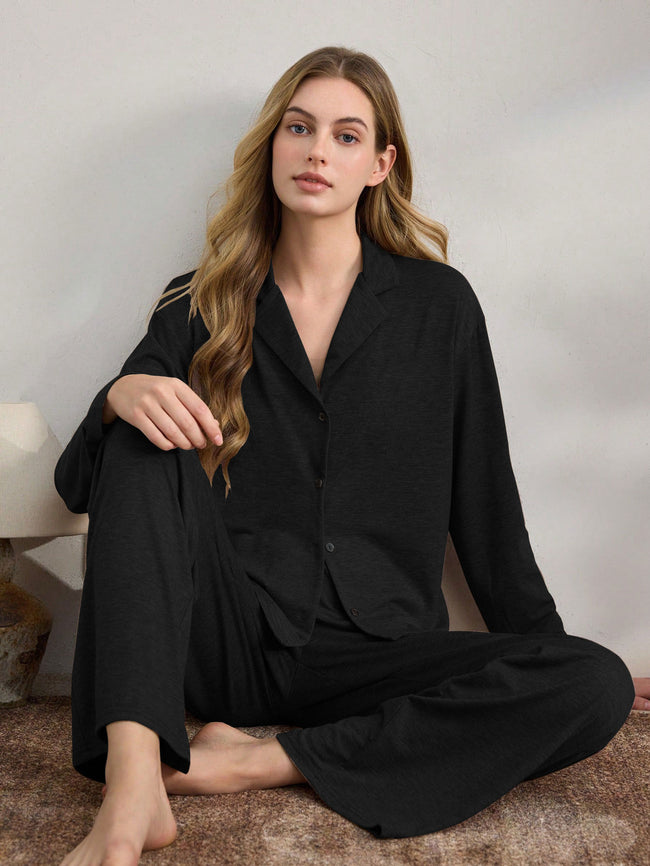 Black Knit Long Sleeve Button-Down Pajama Set Hover Image