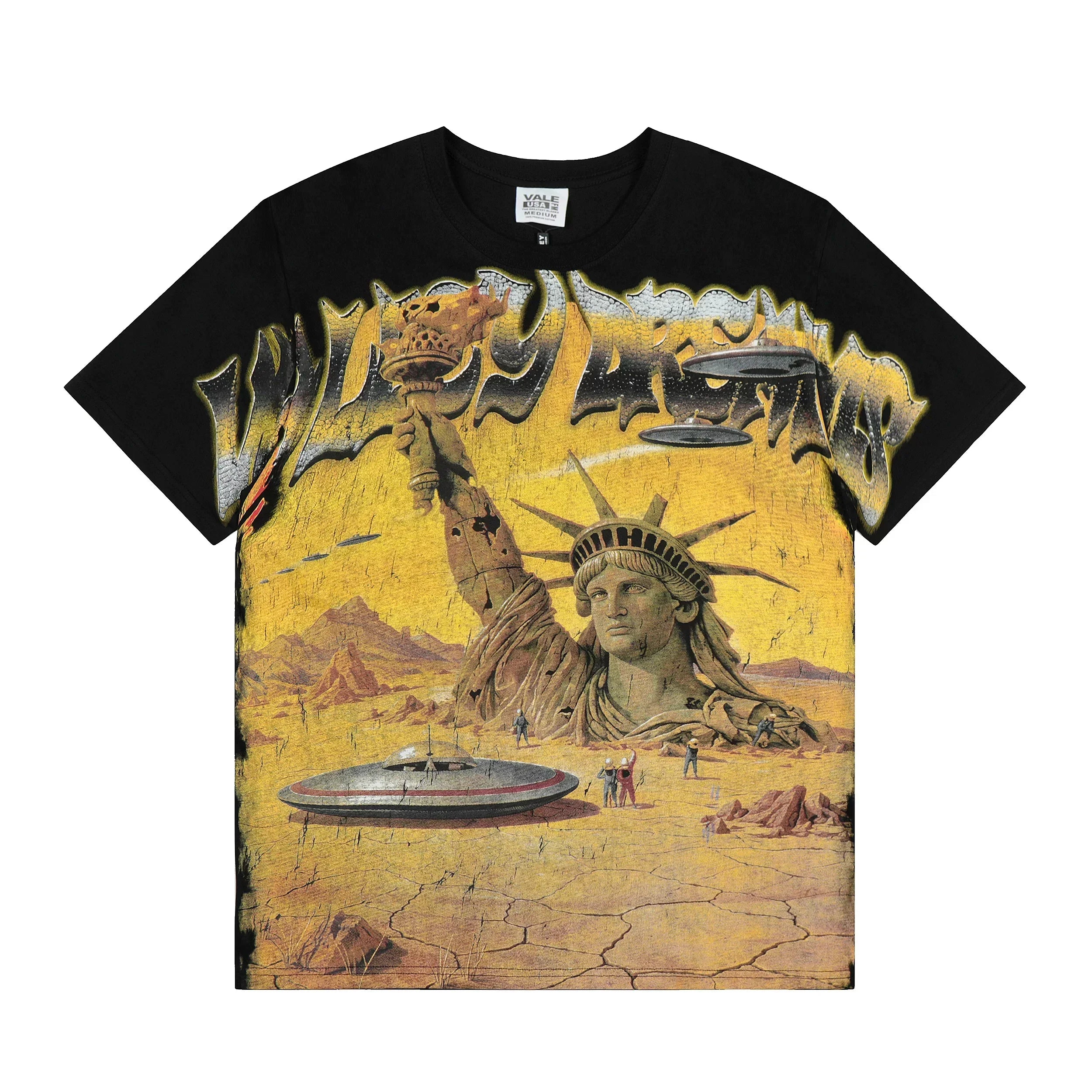 VALEFOREVER Black Desert Statue of Liberty UFO Retro Graphic Short Sleeve T-Shirt
