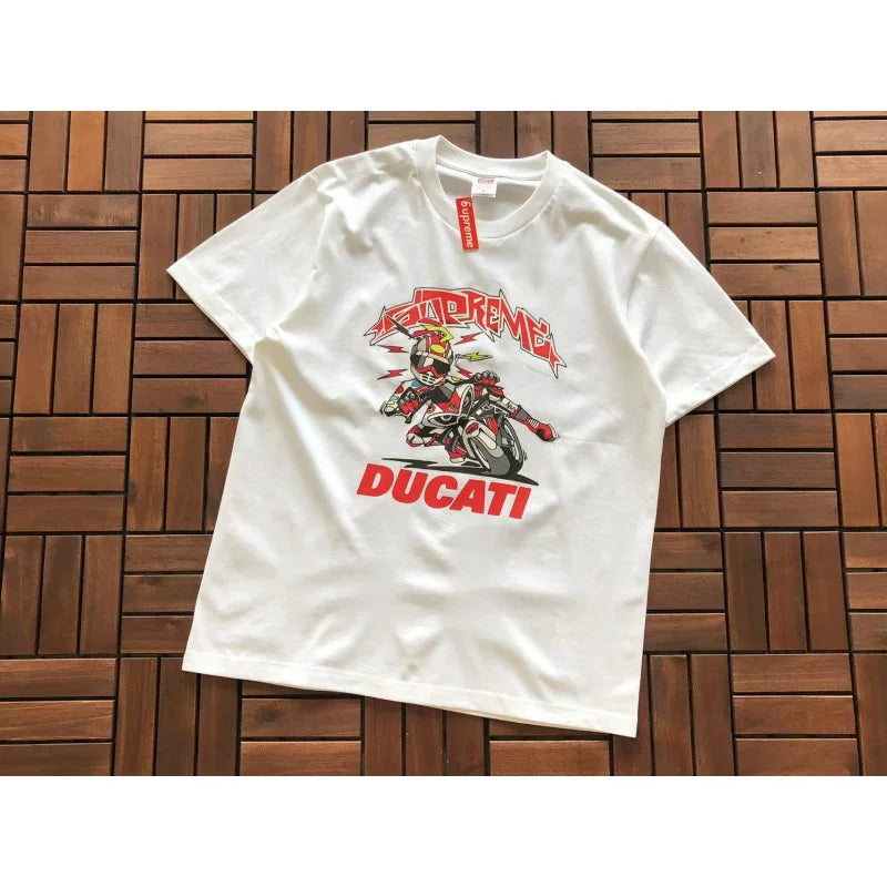Supreme White Ducati Motorcycle Graphic Printed Short‑Sleeve T‑Shirt Street‑Wear Tee