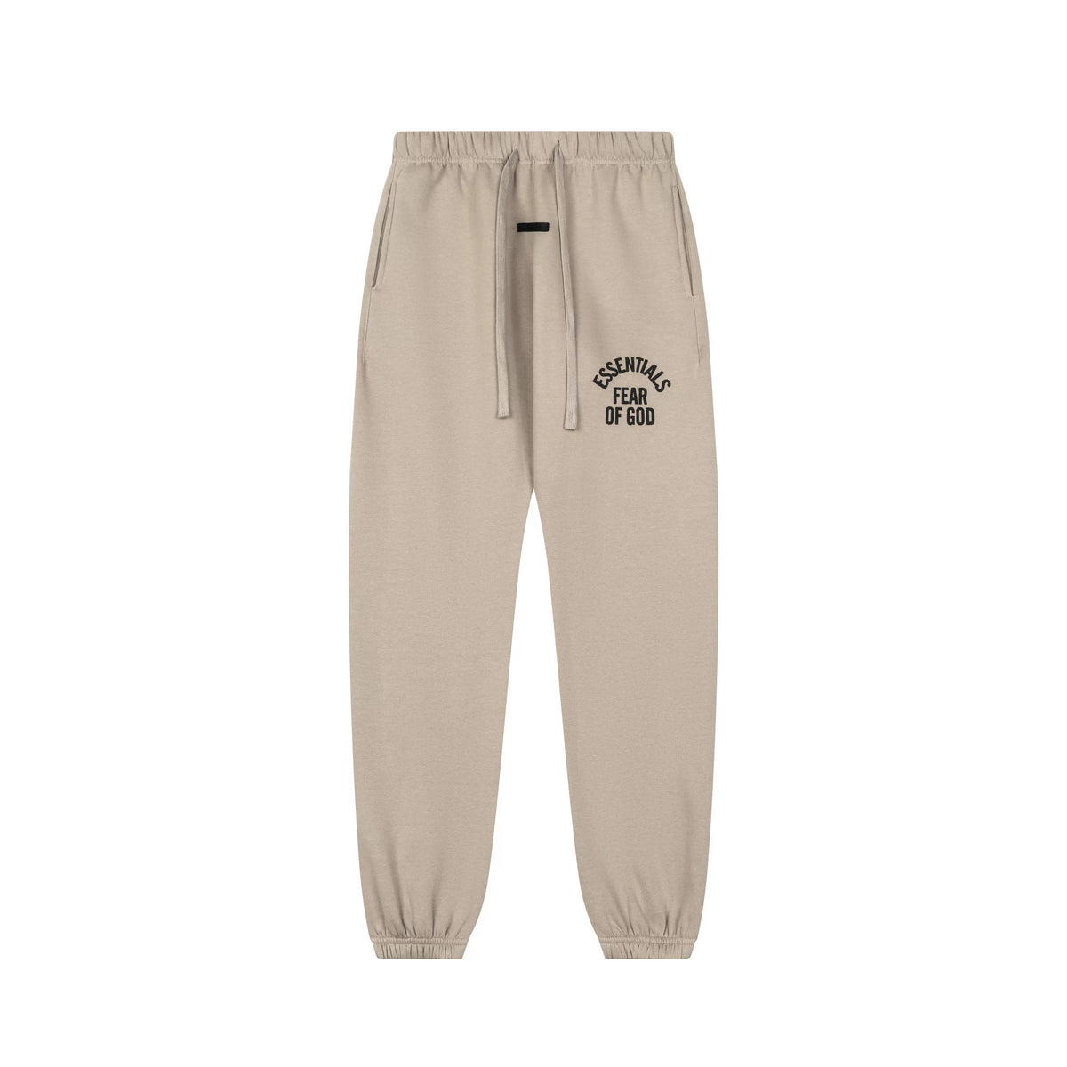 Fog Essentials Beige Tapered Jogger Sweatpants Drawstring Waist Small Side Logo Street Trousers