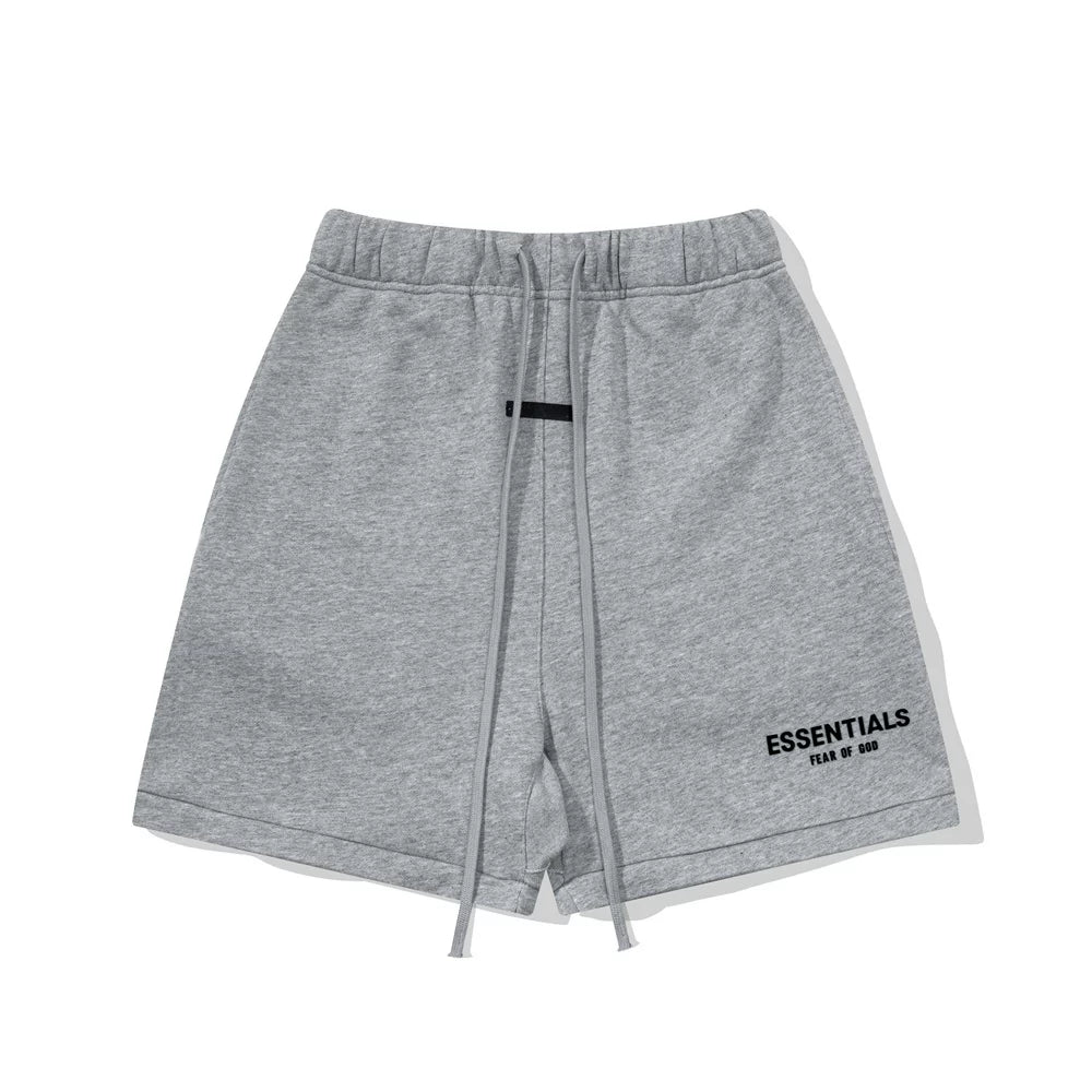 Fog Essentials Heather Grey Elastic Drawstring Black Logo Print Hip‑Hop Casual Street Shorts