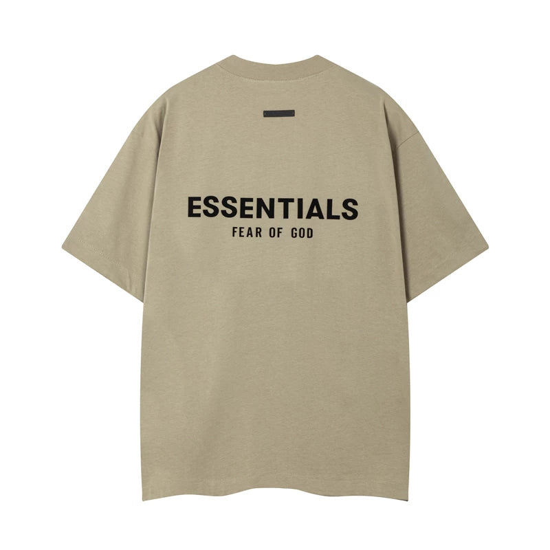 Fog Essentials Khaki Oversized Logo Print Short‑Sleeve Tee Minimalist Street‑Wear Top