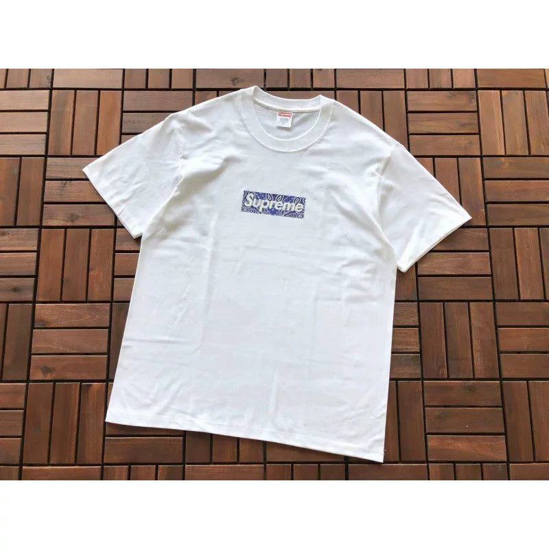 Supreme White Pattern Box Logo Short‑Sleeve T‑Shirt Classic Street‑Wear Basic Tee