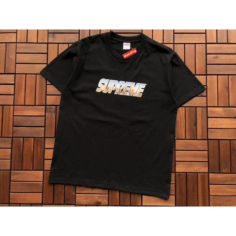 Supreme Black Gradient Effect Font Logo Short‑Sleeve T‑Shirt Fashion Hip‑Hop Tee