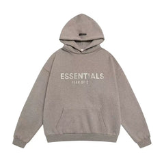 Fog Essentials Dark Taupe Front Metallic‑Print Hoodie, Oversized Drop‑Shoulder Streetwear Pullover