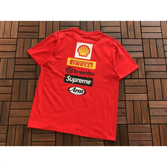 Supreme Red Motorsport Multi‑Logo Back Graphic Short‑Sleeve T‑Shirt Hip‑Hop Top