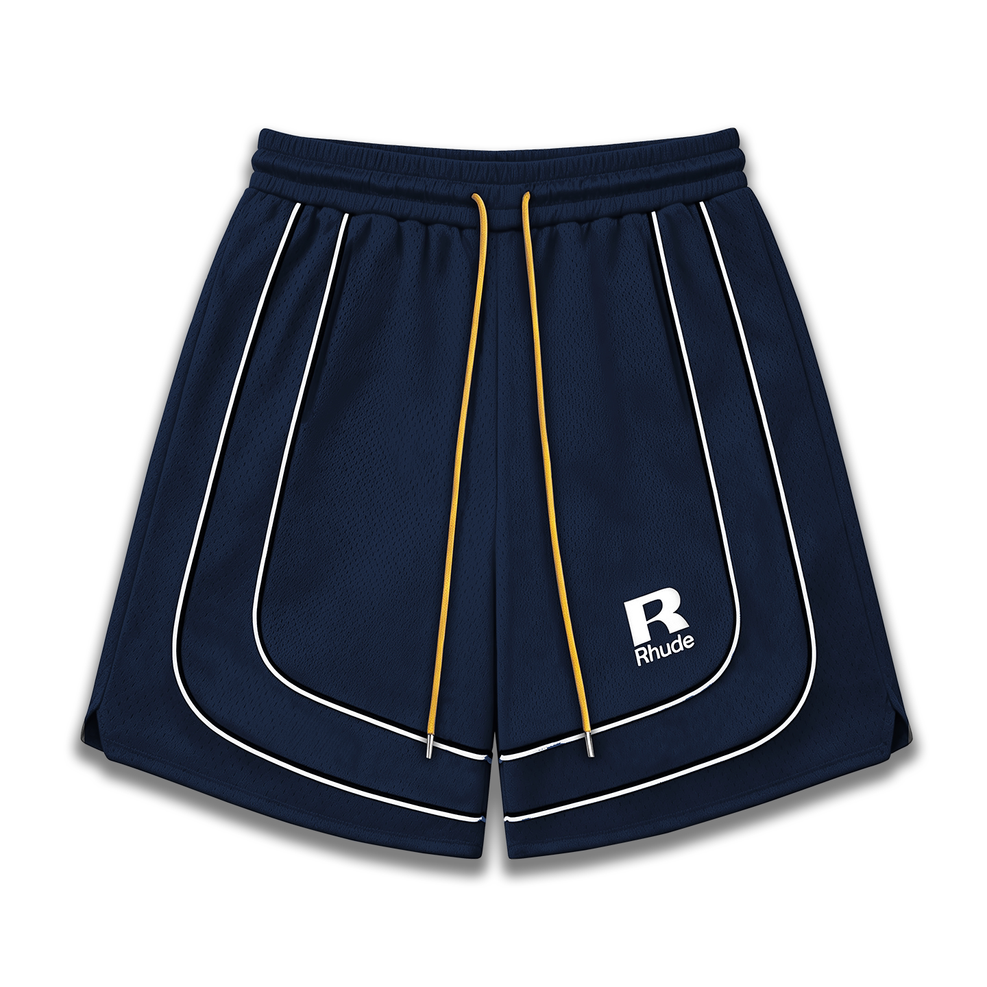 Rhude R‑Logo White Piping Navy Basketball‑Style Drawstring Streetwear Shorts
