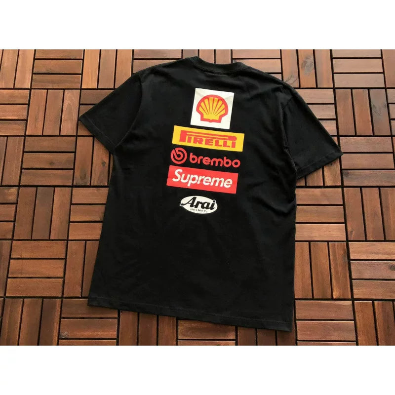 Supreme Black Racing Multi‑Logo Back‑Print Short‑Sleeve T‑Shirt Casual Street‑Wear Top