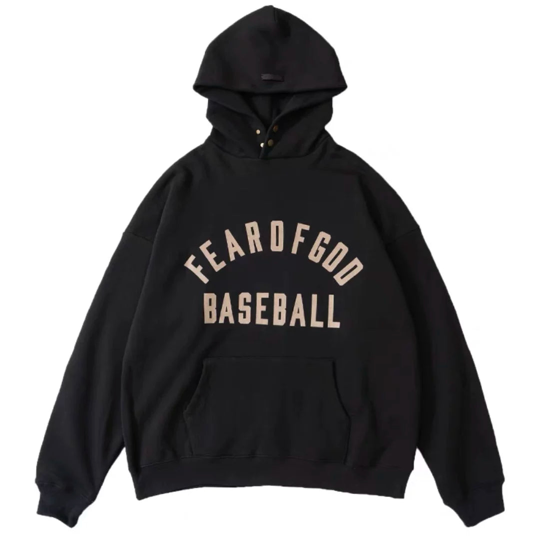 Fog Essentials Black Oversized Hoodie “FEAR OF GOD BASEBALL” Chest Graphic