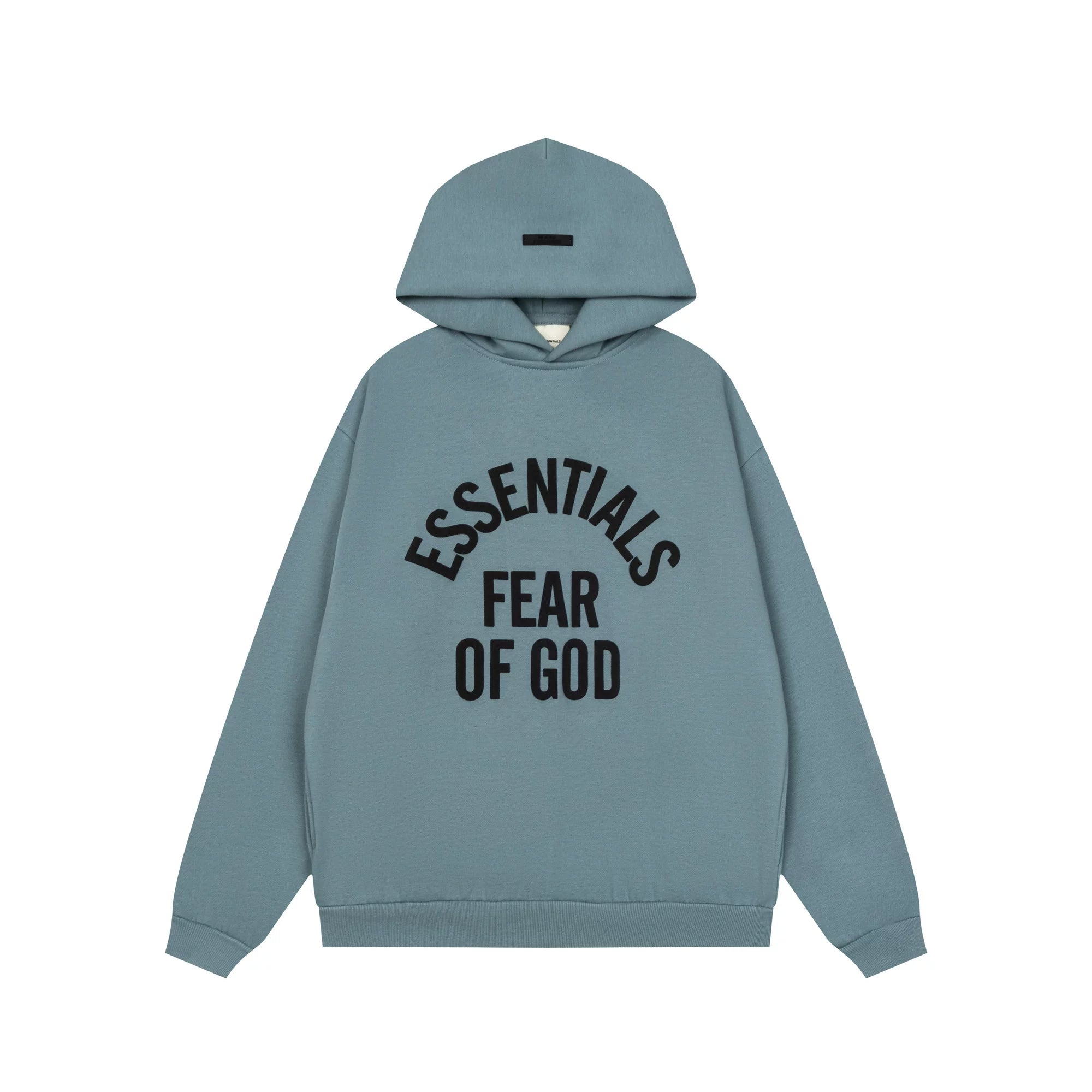 Fog Essentials Slate‑Blue Loose Pullover Hoodie Front Arch‑Print Hip‑Hop Street Top