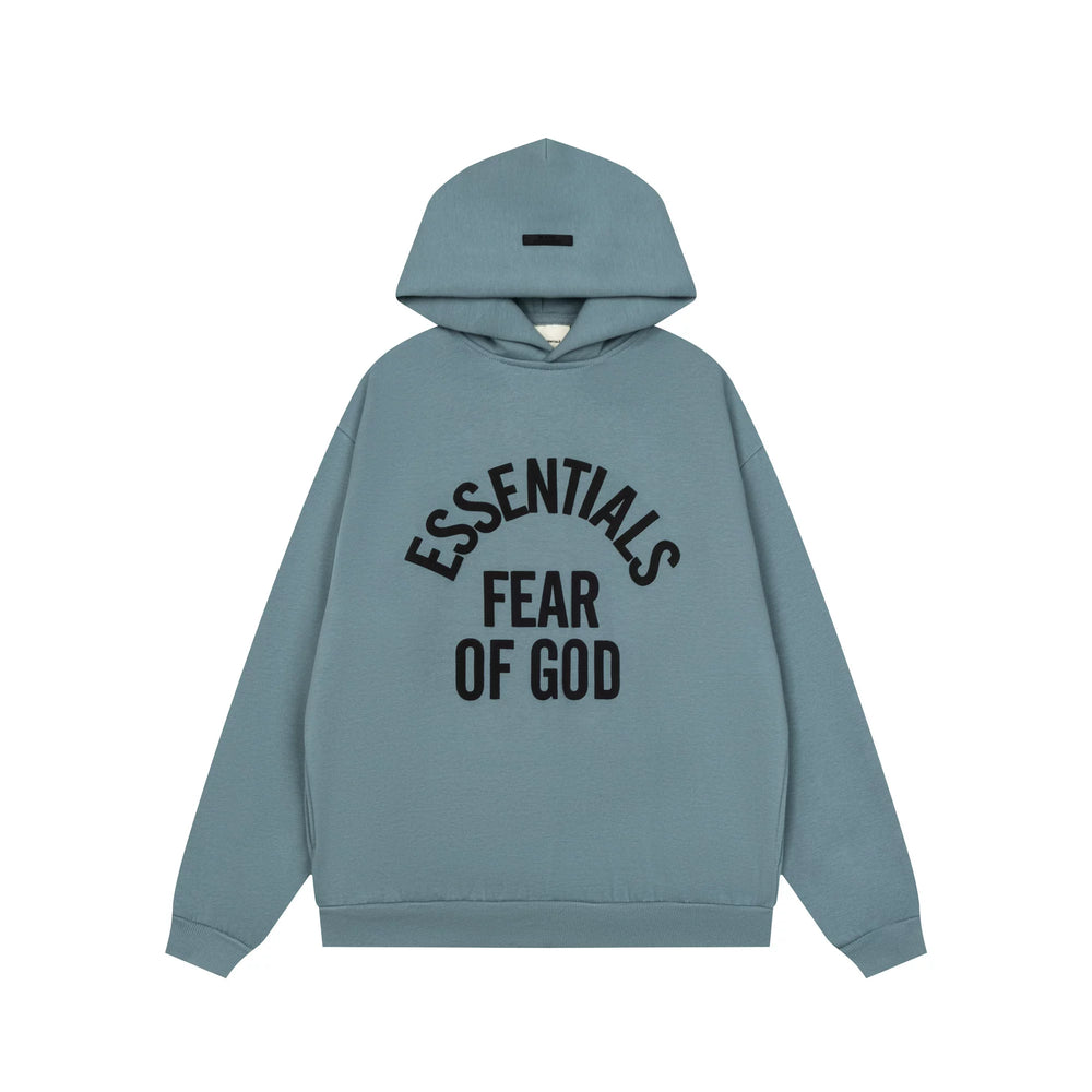 Fog Essentials Slate‑Blue Loose Pullover Hoodie Front Arch‑Print Hip‑Hop Street Top