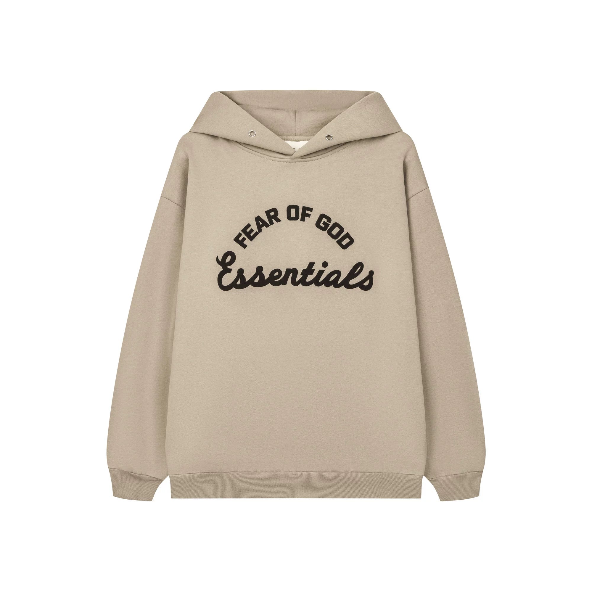 Fog Essentials Minimalist Embroidered Light Khaki Drop‑Shoulder Hooded Sweatshirt