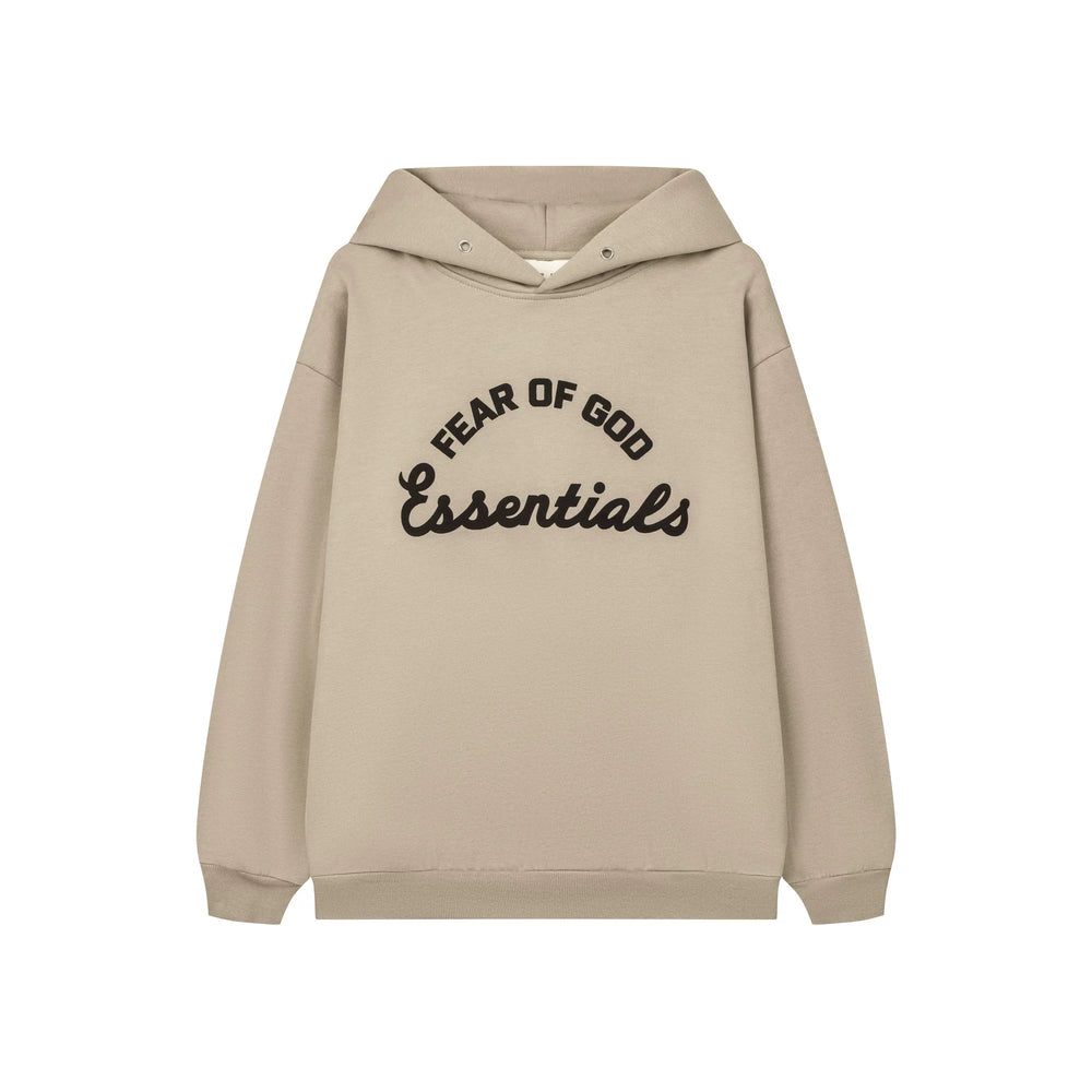 Fog Essentials Minimalist Embroidered Light Khaki Drop‑Shoulder Hooded Sweatshirt