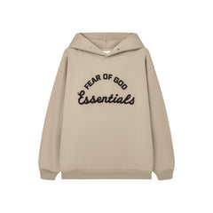 Fog Essentials Minimalist Embroidered Light Khaki Drop‑Shoulder Hooded Sweatshirt