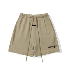 Fog Essentials Khaki Sweat Shorts Elastic Waist Drawstring Logo Print Streetwear Casual Shorts
