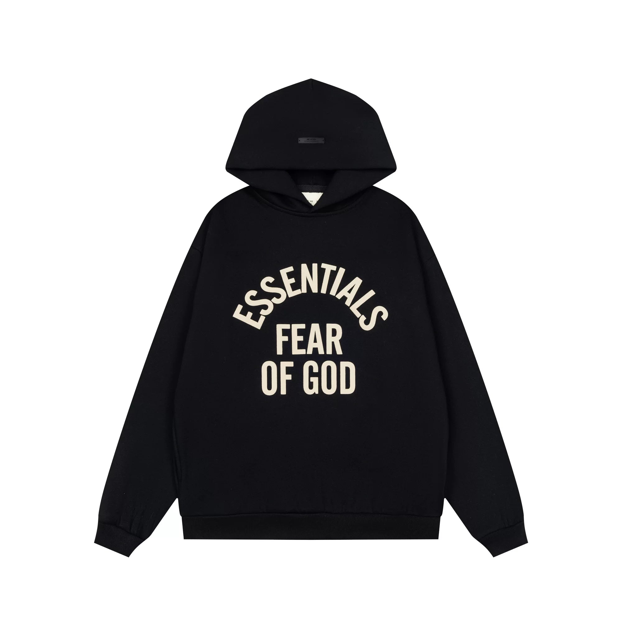 Fog Essentials Black Oversized Hoodie Contrast Cream‑Color Arch‑Logo Pullover Top