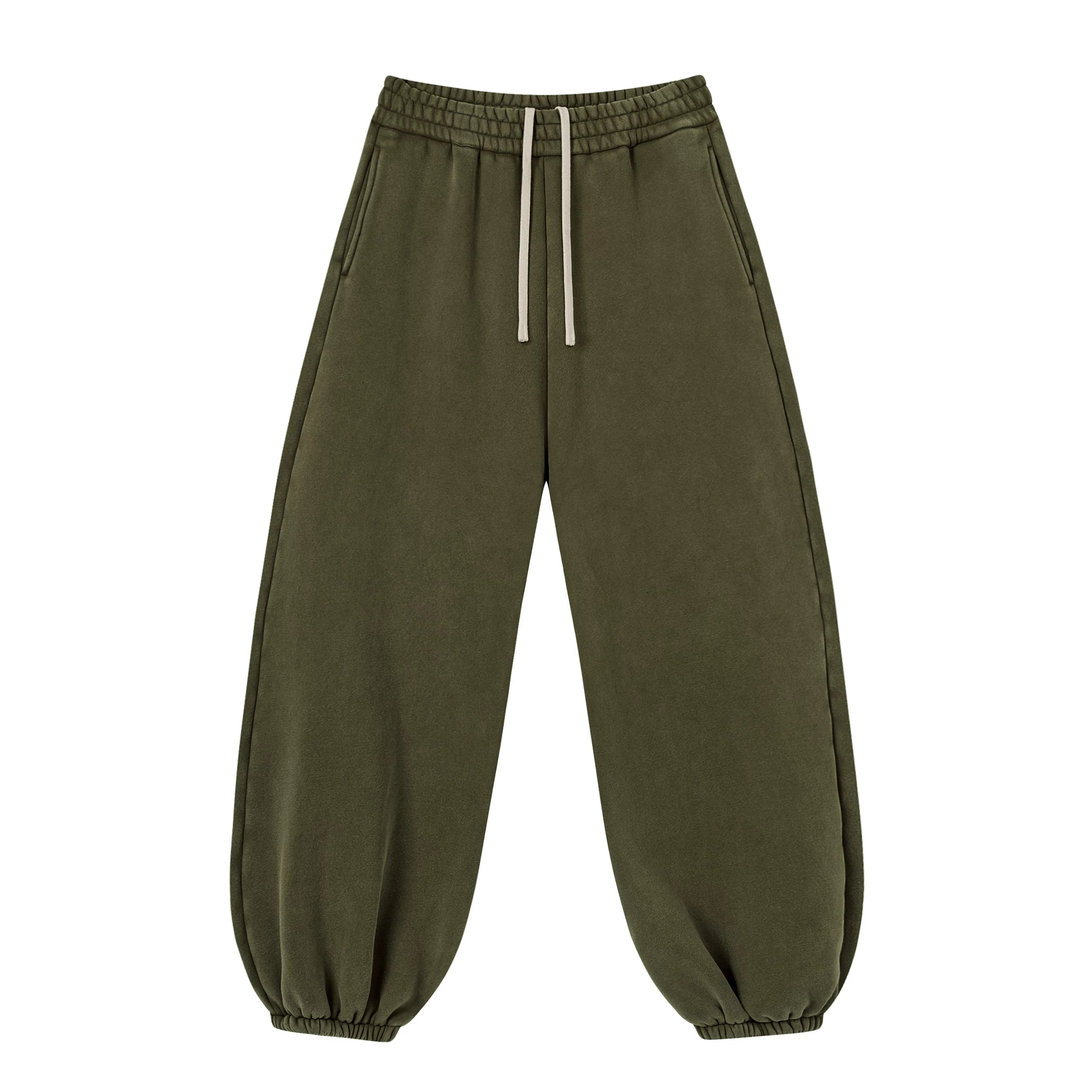 Kanye Olive‑Green Relaxed Balloon‑Leg Sweatpants Washed Cotton Elastic Waist Street Trousers