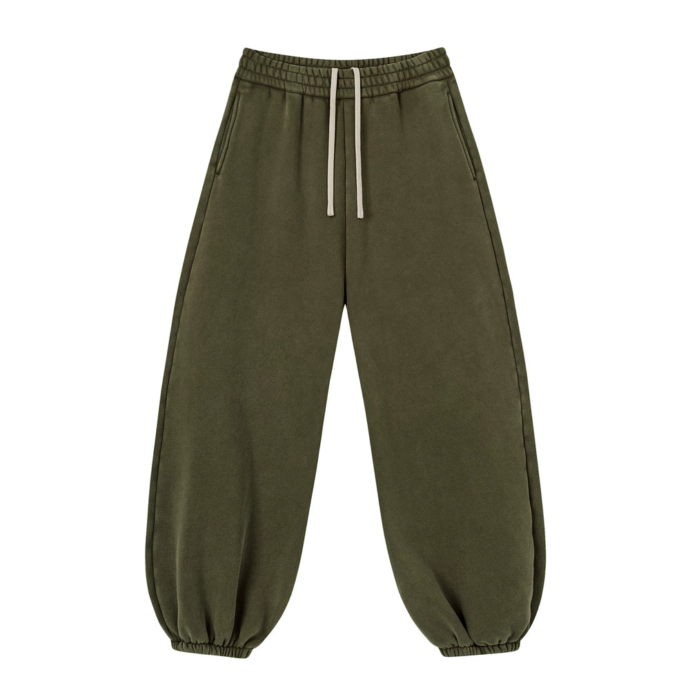 Kanye Olive‑Green Relaxed Balloon‑Leg Sweatpants Washed Cotton Elastic Waist Street Trousers