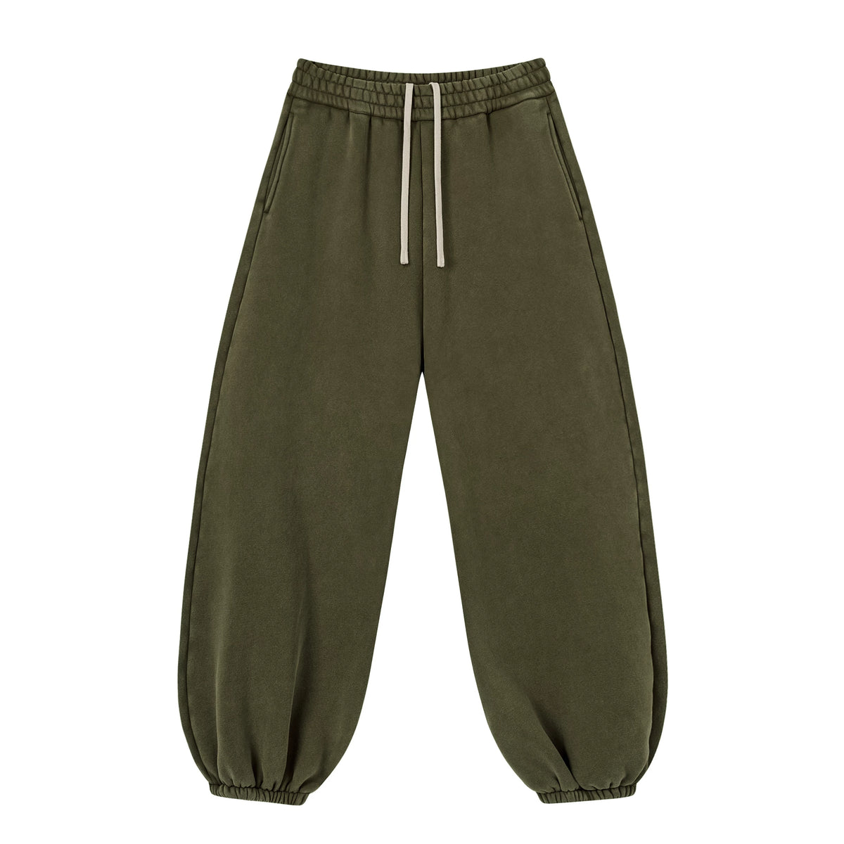 Kanye Olive‑Green Relaxed Balloon‑Leg Sweatpants Washed Cotton Elastic Waist Street Trousers