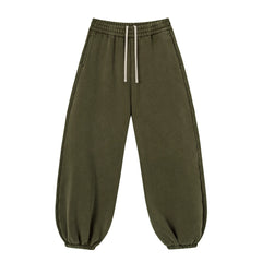 Kanye Olive‑Green Relaxed Balloon‑Leg Sweatpants Washed Cotton Elastic Waist Street Trousers