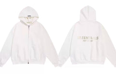 Fog Essentials Cream Off‑White Zip‑Up Hoodie, Subtle Gold Back Logo Oversized Casual Jacket