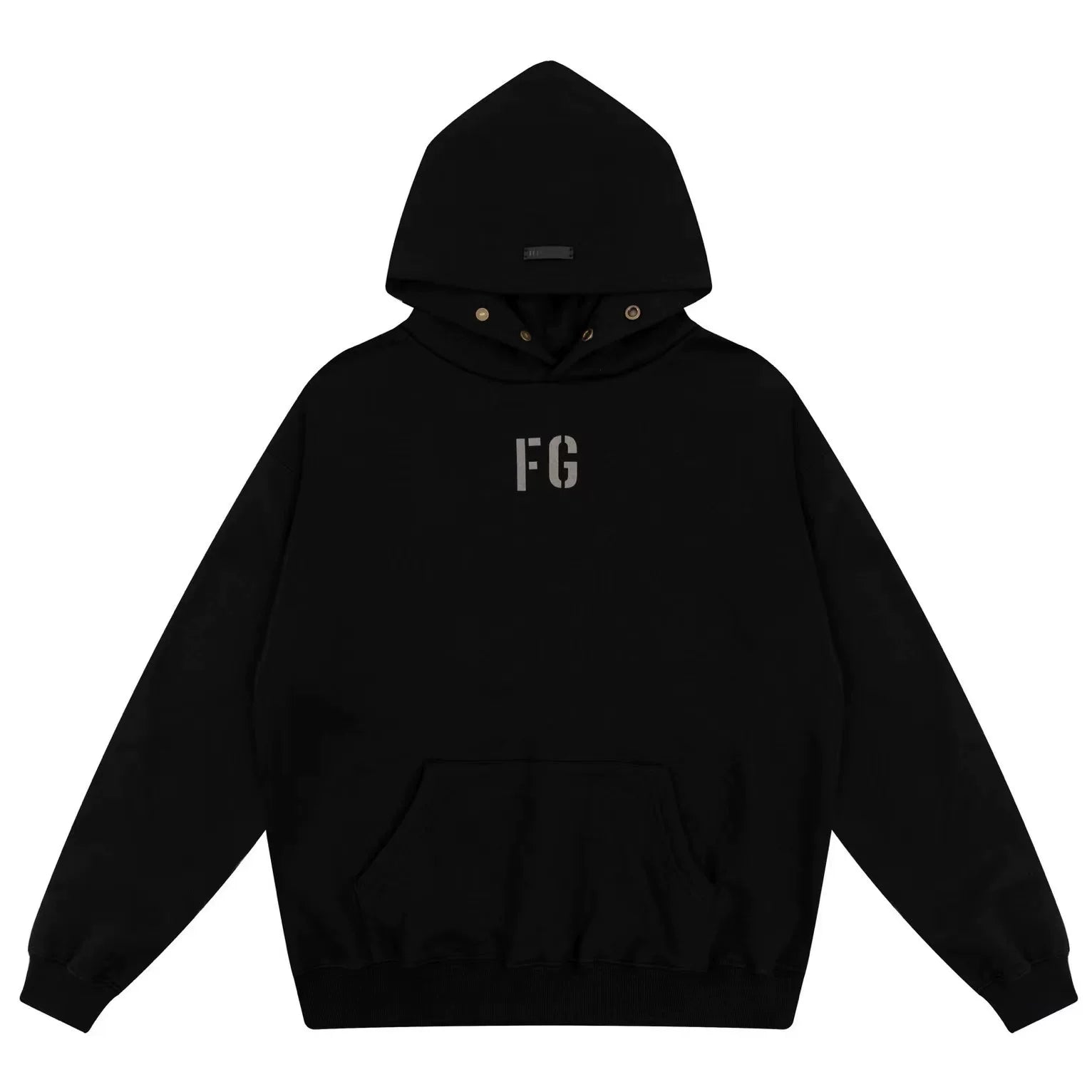 Fog Essentials Black Minimal FG Chest Logo Loose‑Fit Pullover Hoodie