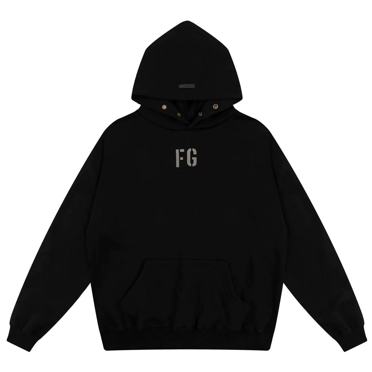 Fog Essentials Black Minimal FG Chest Logo Loose‑Fit Pullover Hoodie