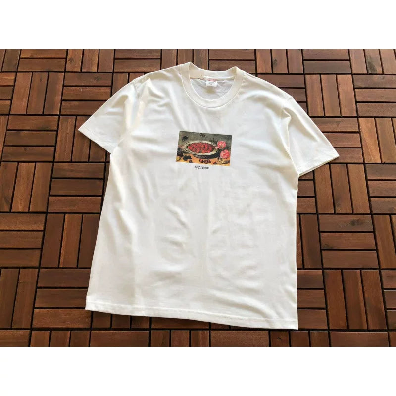 Supreme White Mini Fruit Chest Graphic Short‑Sleeve T‑Shirt Minimal Casual Street Tee
