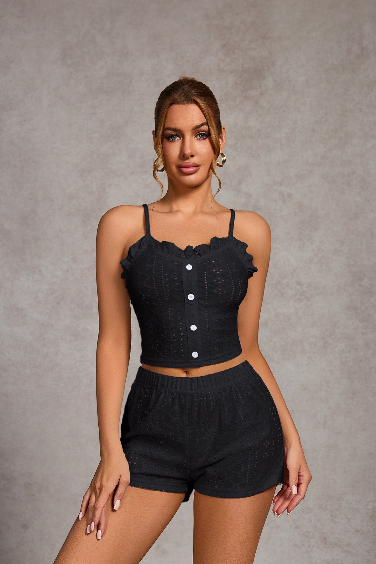 Russian European American Cross border Pajamas Women's Straps Button Ruffle Short Top Shorts Fashion Sexy Home Clothes (4)