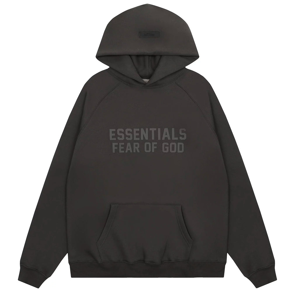 Fog Essentials Dark‑Grey Tonal “ESSENTIALS FEAR OF GOD” Oversized Kangaroo‑Pocket Hoodie