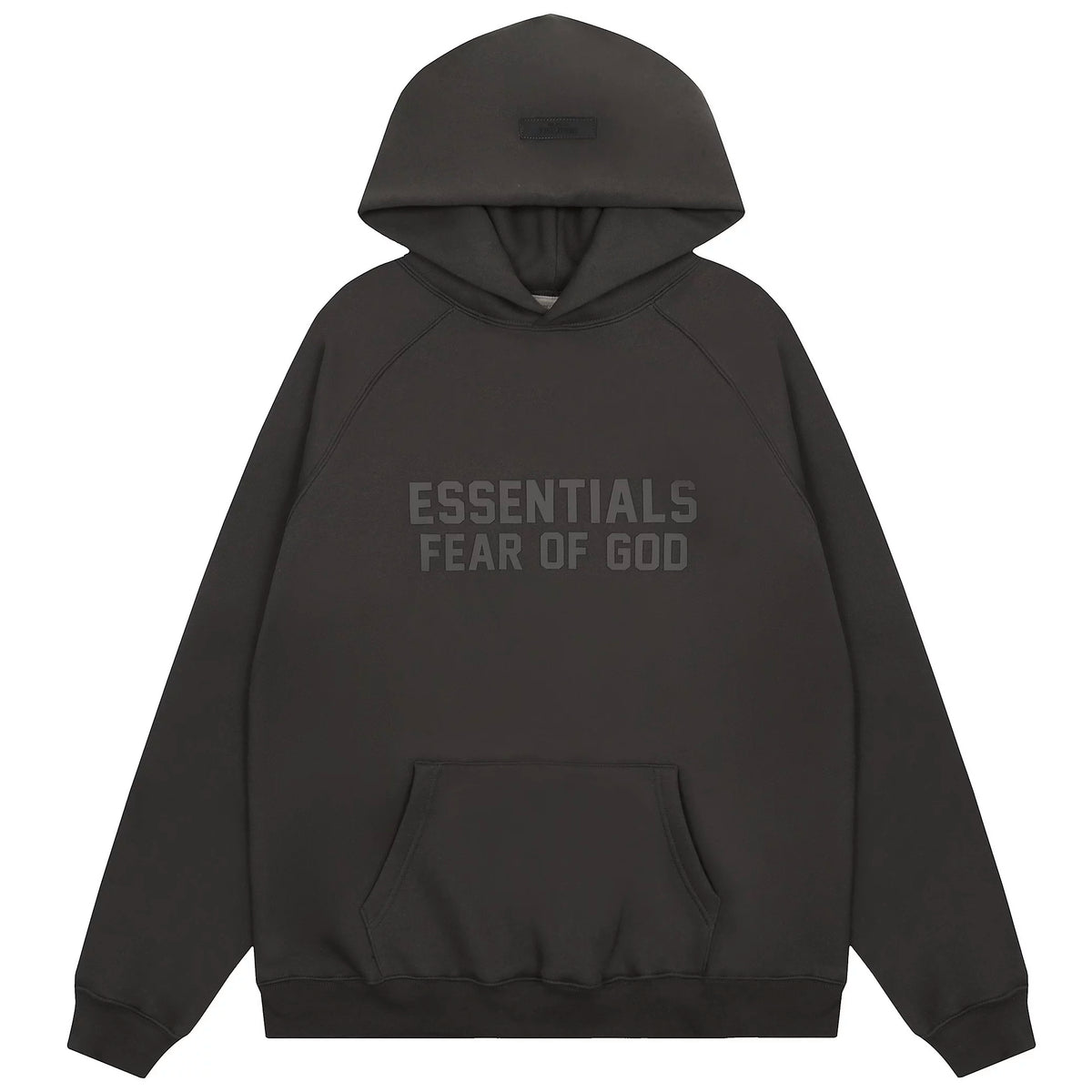 Fog Essentials Dark‑Grey Tonal “ESSENTIALS FEAR OF GOD” Oversized Kangaroo‑Pocket Hoodie