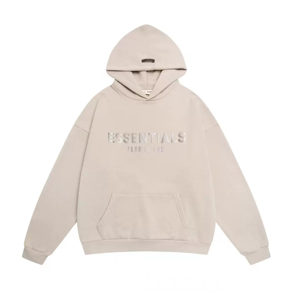 Fog Essentials Light Beige Faded‑Effect Front‑Print Hoodie, Drop‑Shoulder Minimal Street‑Wear Pullover