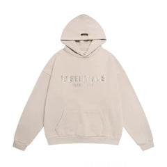 Fog Essentials Light Beige Faded‑Effect Front‑Print Hoodie, Drop‑Shoulder Minimal Street‑Wear Pullover