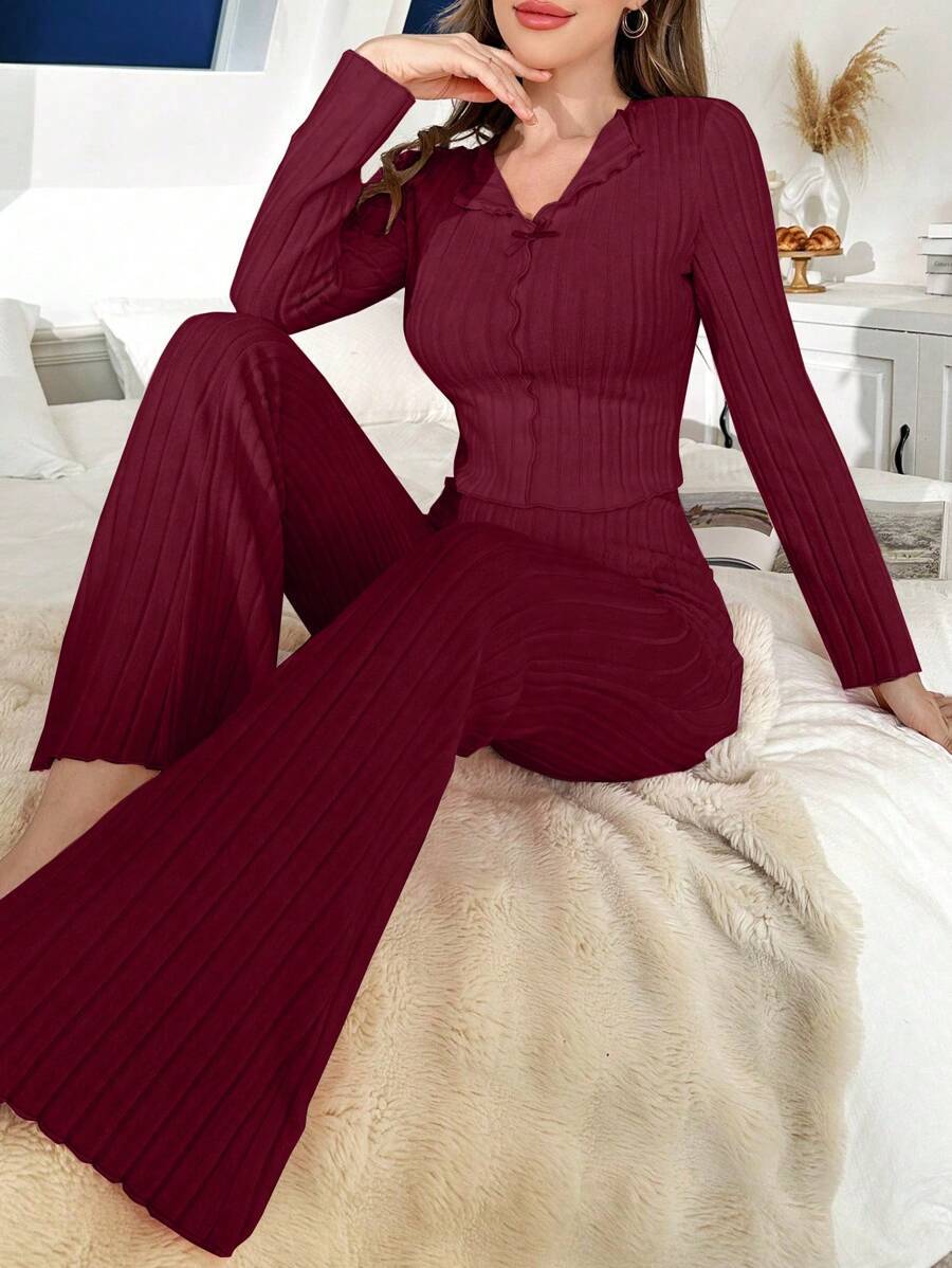 Burgundy Ribbed Bow-Tie Long Sleeve Pajama Set