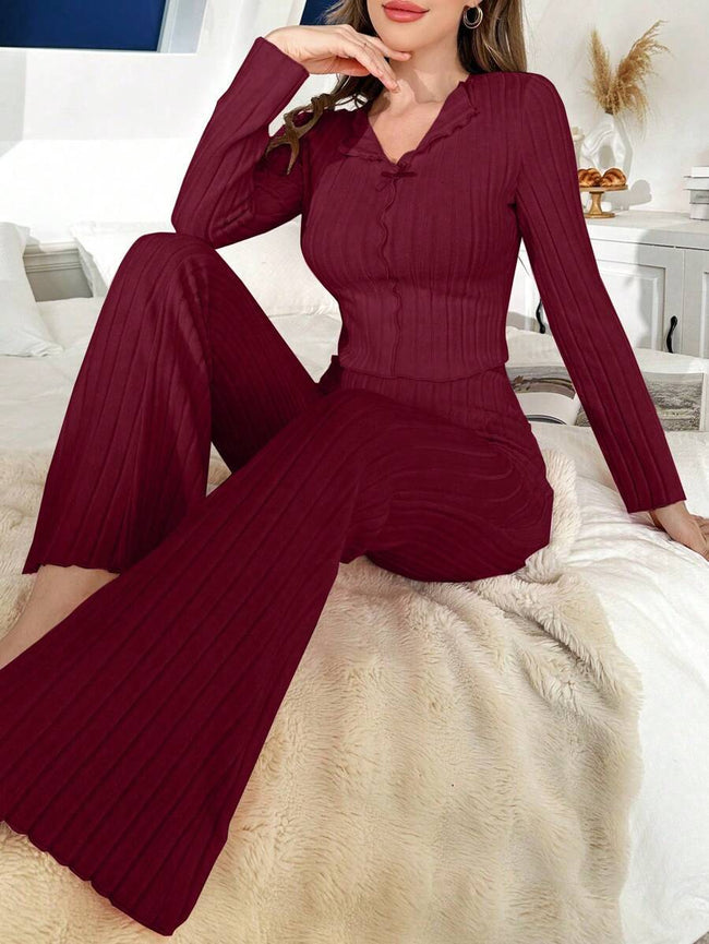 Burgundy Ribbed Bow-Tie Long Sleeve Pajama Set Hover Image