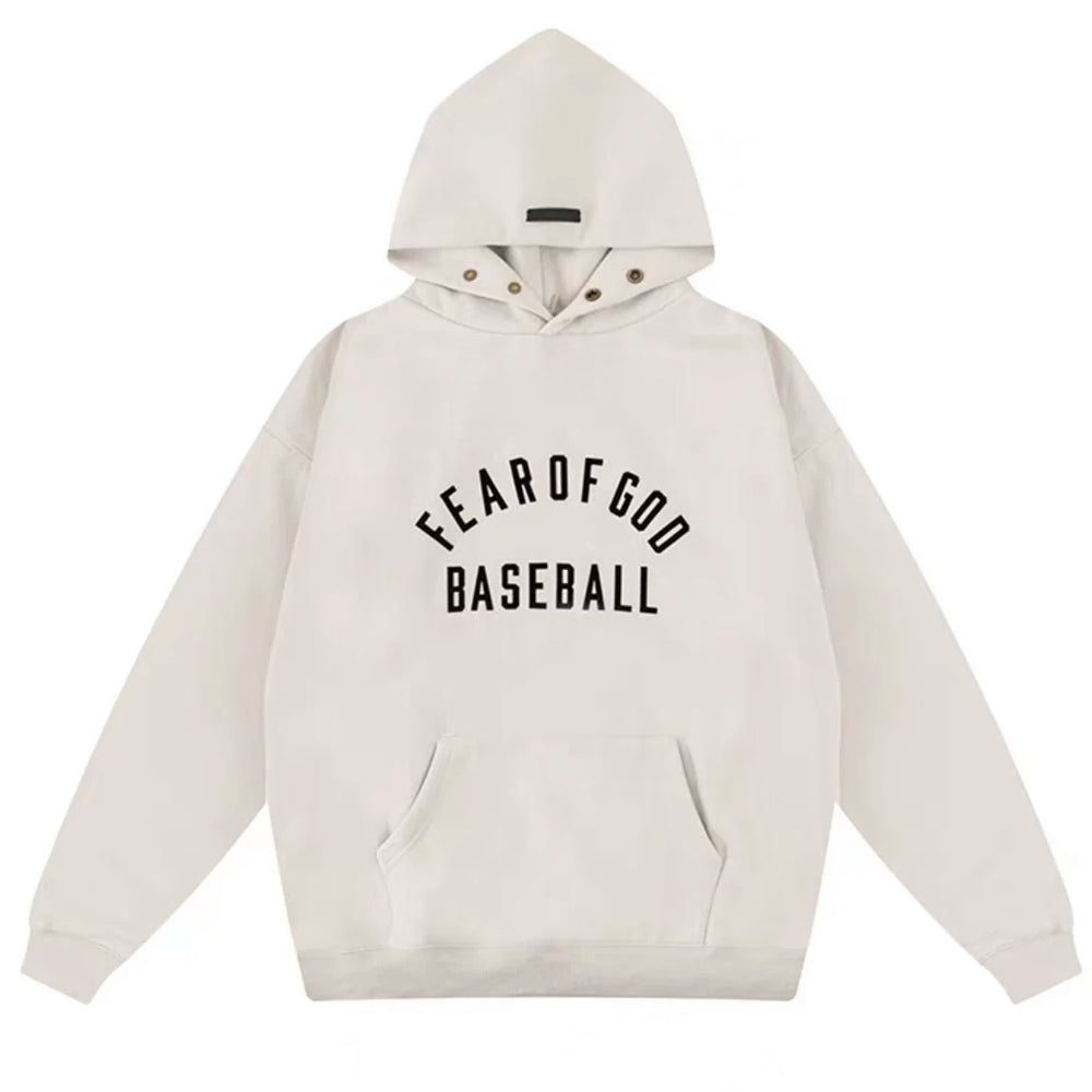 Fog Essentials Off‑White Oversized Hoodie “FEAR OF GOD BASEBALL” Print
