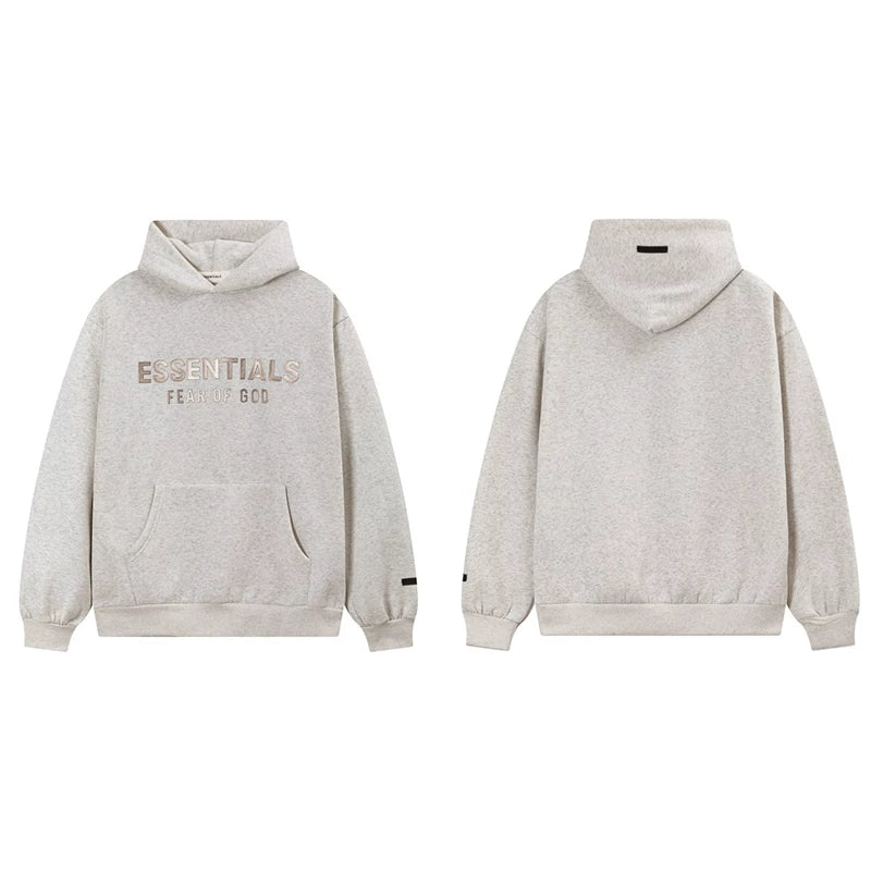 Fog Essentials Oatmeal Cream Fleece‑Lined Oversized Pullover Hoodie Metallic Chest Logo