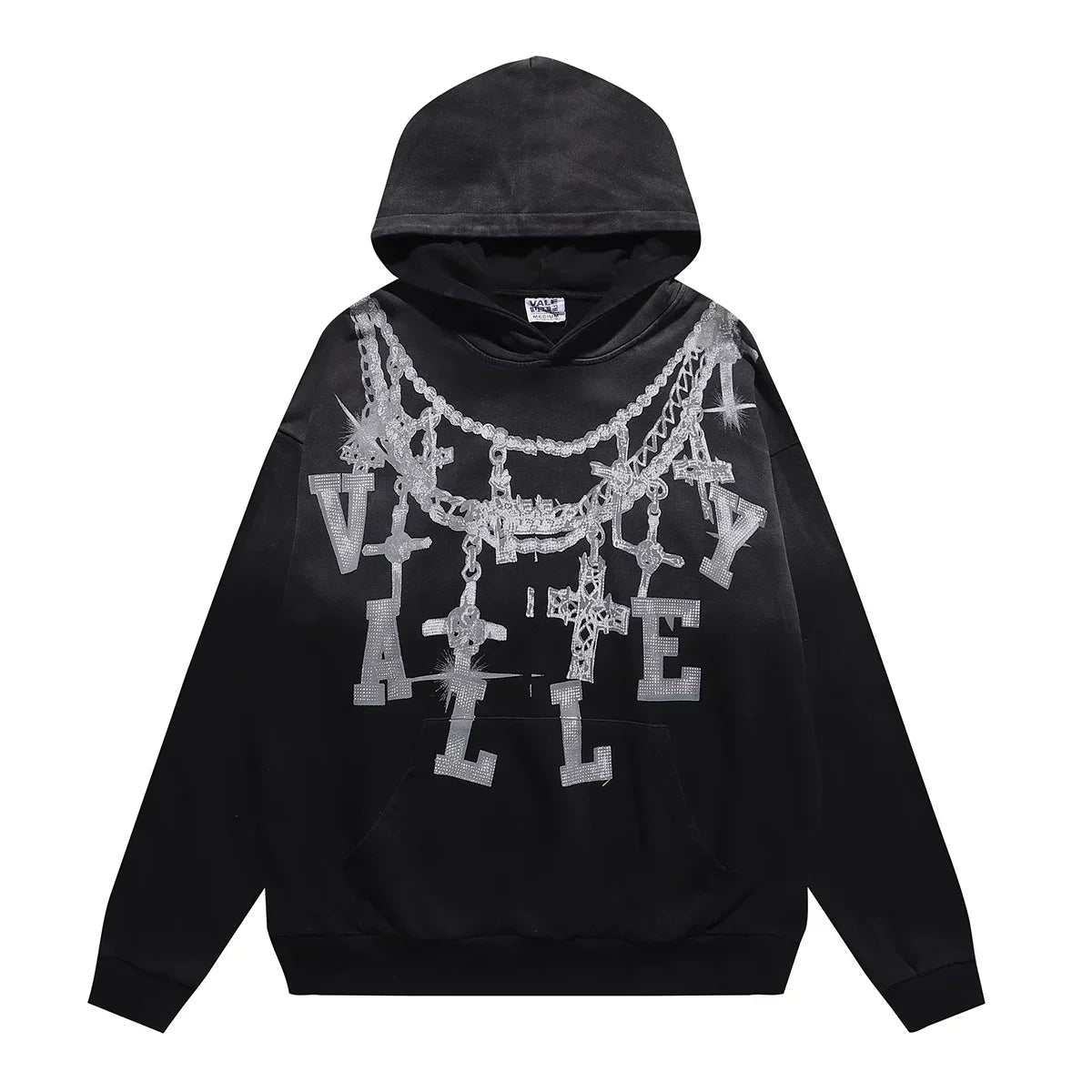 VALEFOREVER Black Chain Letter Distressed Zip Up Hoodie